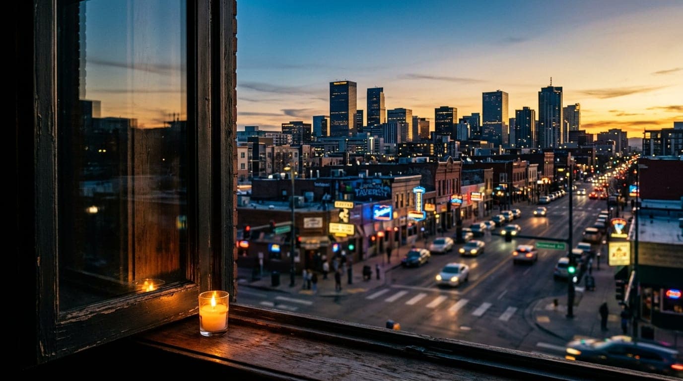 A candle-lit window frame looks out onto the Five Points intersection at dusk, using tilt-shift focus to blur the iconic l...