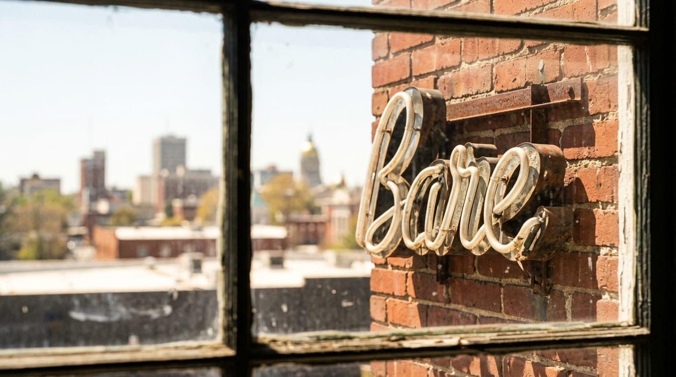 A close-up 35mm shot through a window at noon shows a worn neon sign reflecting against a Normaltown brick facade, with th...