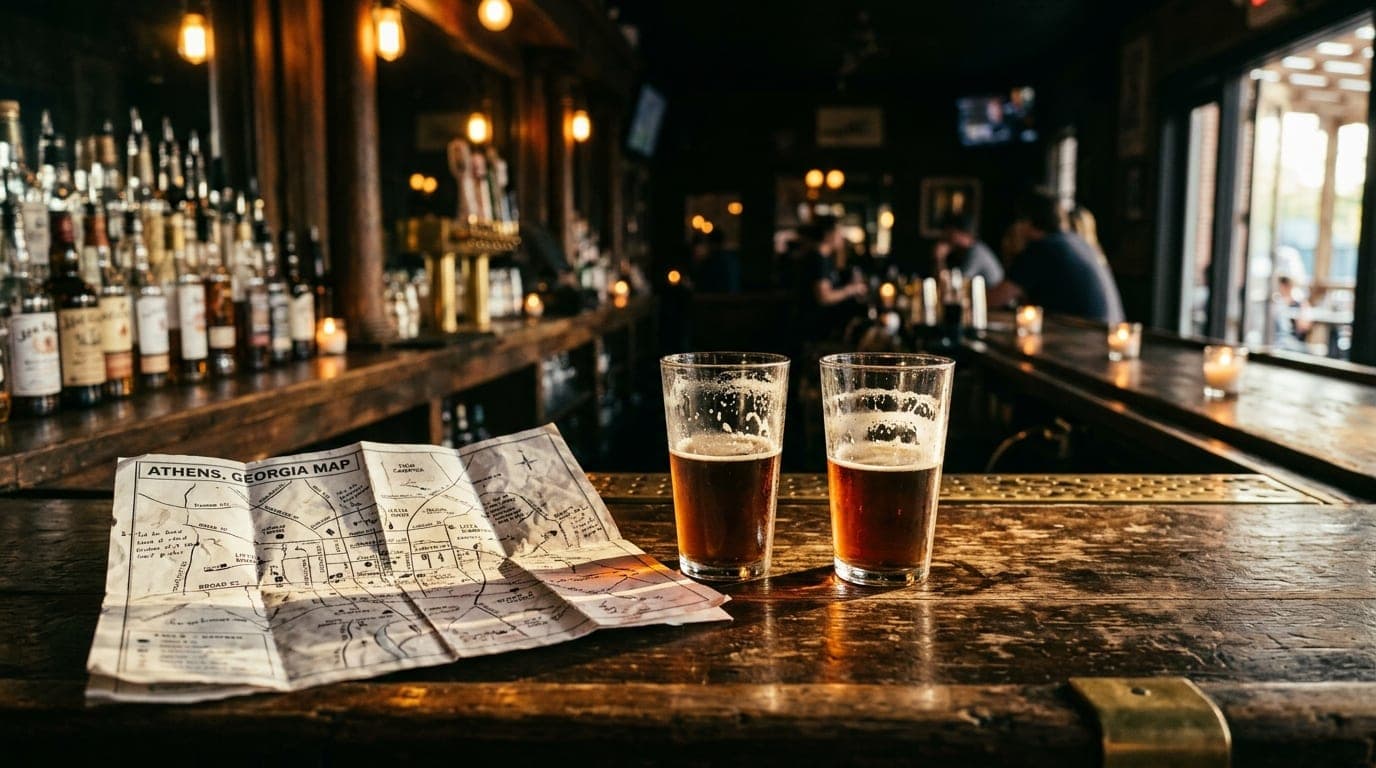 Centered symmetric 24mm wide-angle shot of a rustic wooden bar at Little Kings. Two half-poured local beers sit beside a c...