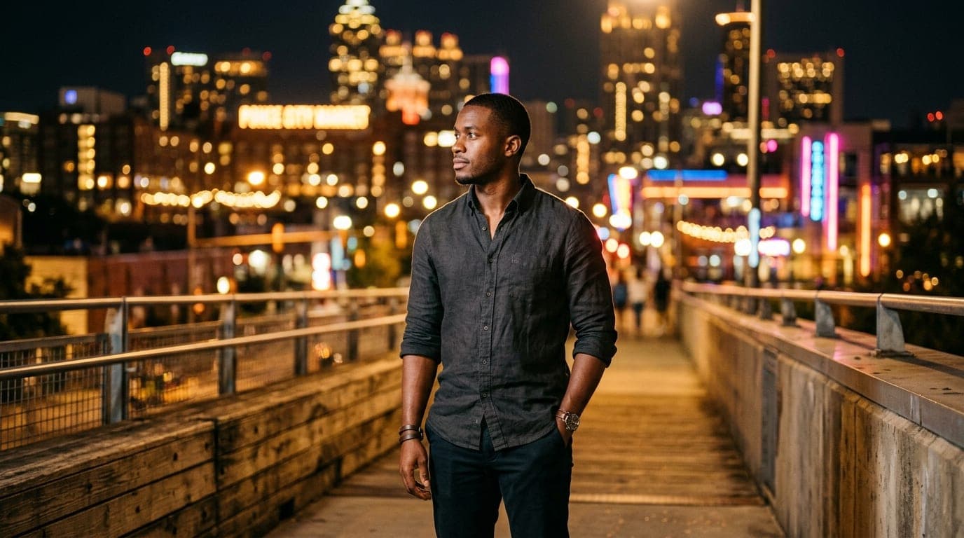 Low-angle hero shot, offset left. A man in a charcoal linen shirt stands on an Eastside Beltline bridge, backlit by blurry...