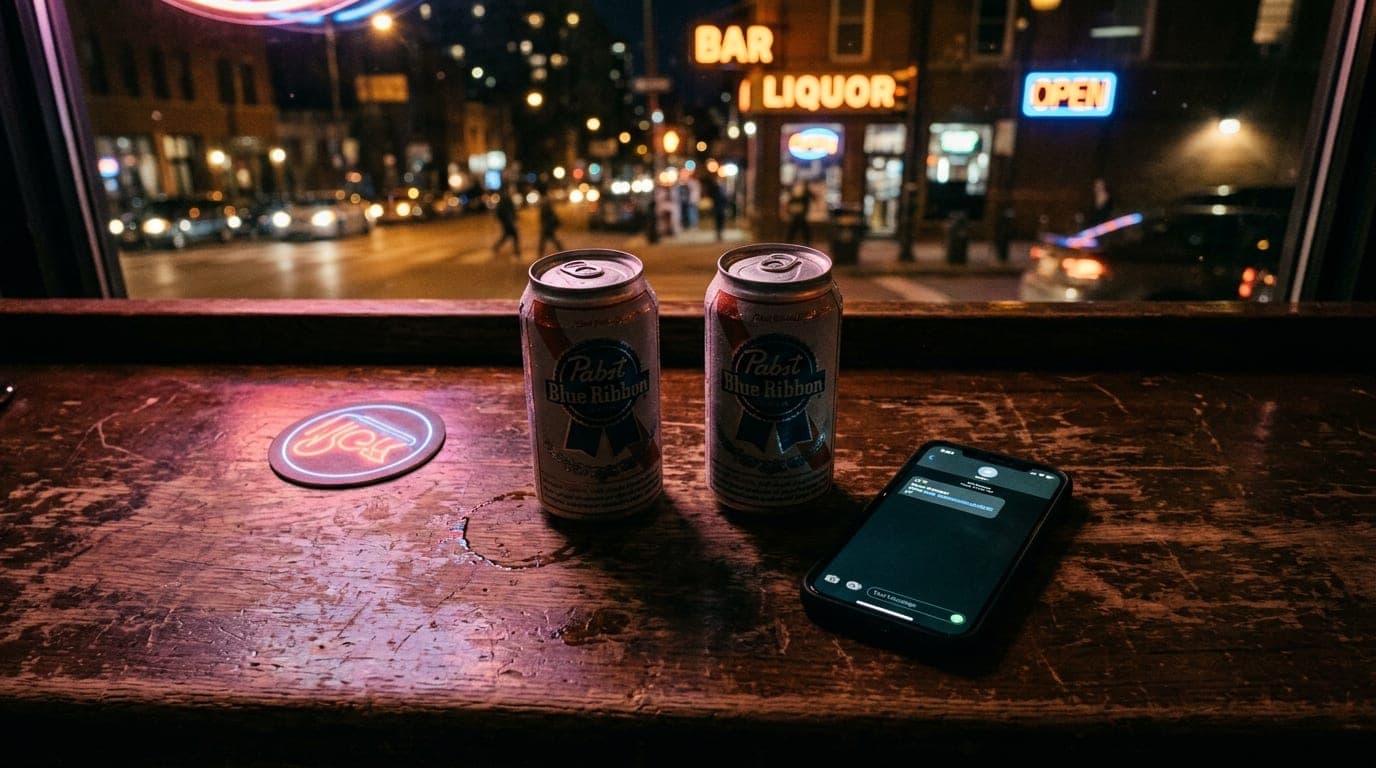 Overhead flat-lay composition on a scuffed wooden bar top at the Clermont Lounge. Two sweat-beaded PBR cans and a smartpho...