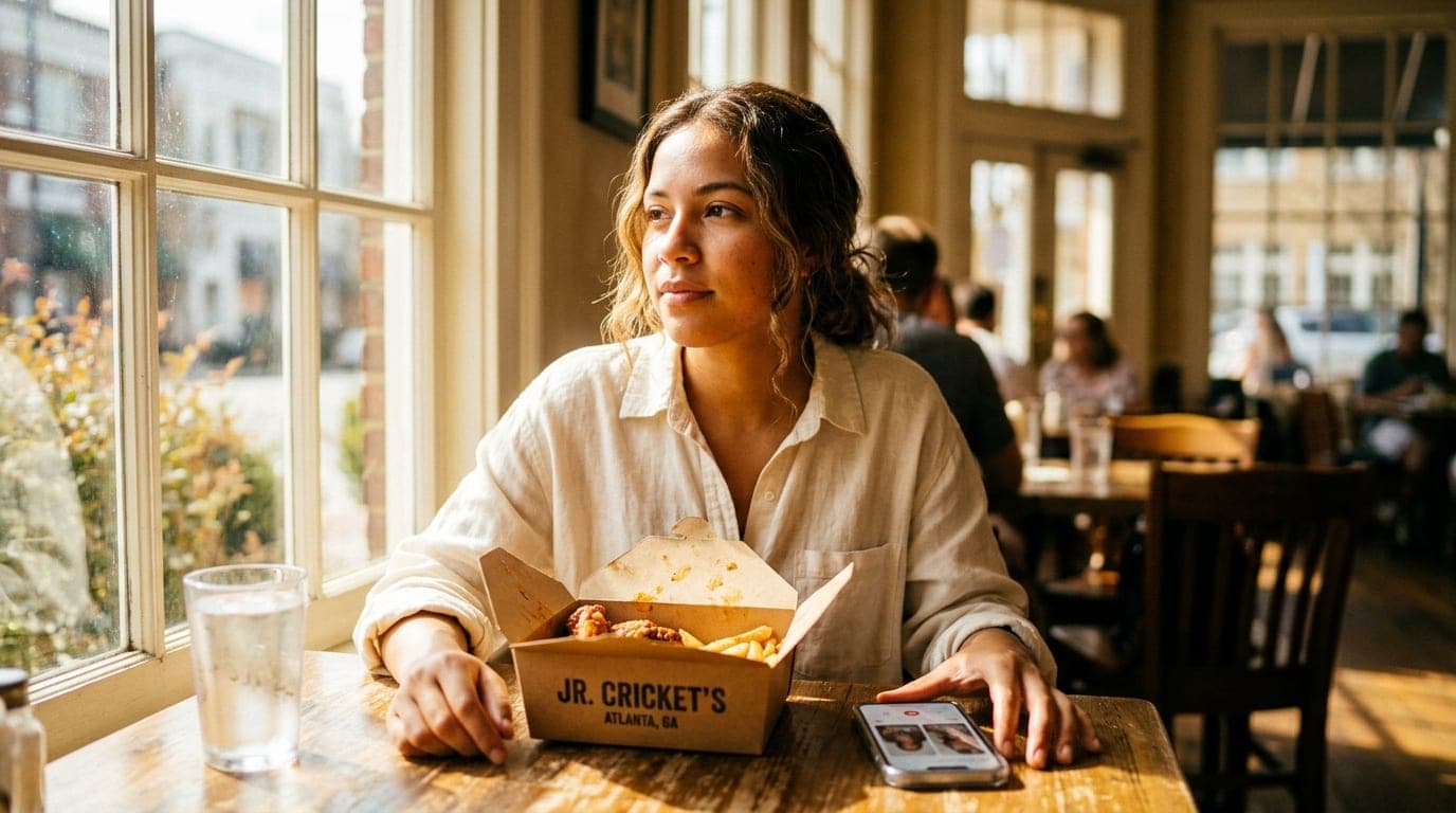 A person in a linen shirt sits at a Buckhead cafe table, holding a takeout box from Jr. Cricket’s, their smartphone restin...