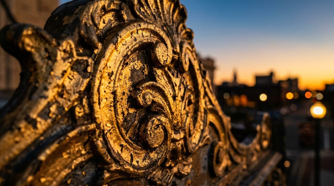 An extreme 100mm macro shot captures the intricate, weathered gold-leaf detailing on the Miller Theater’s exterior marquee...