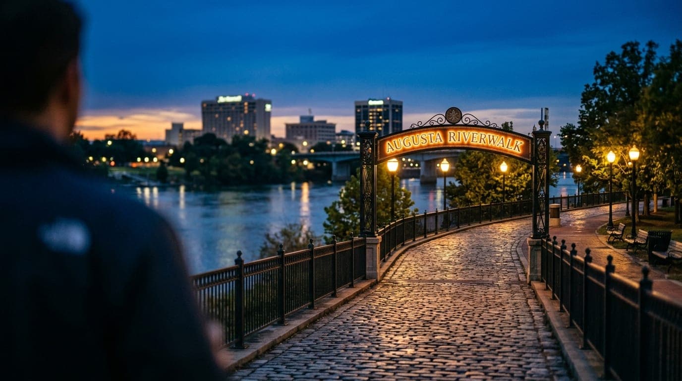A tilt-shift perspective captures the glowing marquee of the Augusta Riverwalk at blue hour, with leading lines of cobbles...