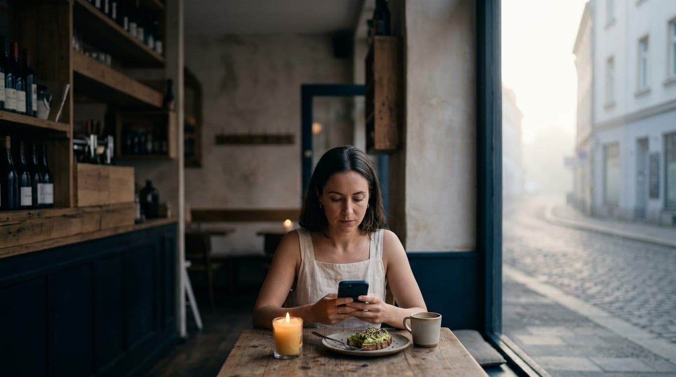 A woman in a cream linen sundress sits alone at a candle-lit Bodega Ultima table, holding a smartphone. A half-eaten avoca...