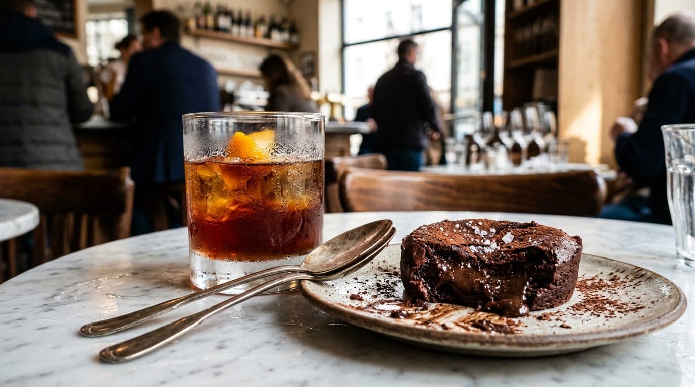 100mm macro, noon light. A messy, decadent chocolate dessert sits on a marble bistro table at Vance’s Bakery Bar, with two...