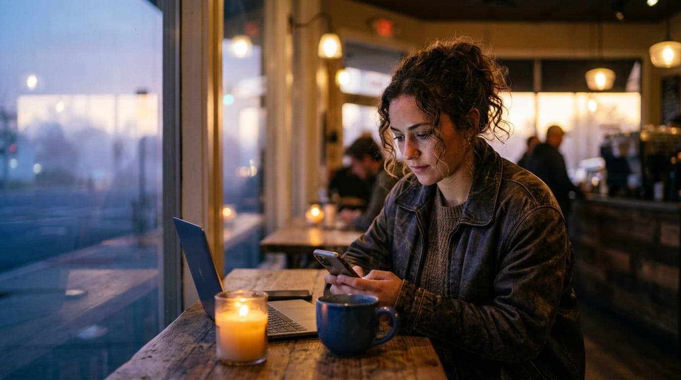 A woman in a leather jacket sits at a candle-lit corner table in a Bakersfield coffee shop, her smartphone screen reflecti...