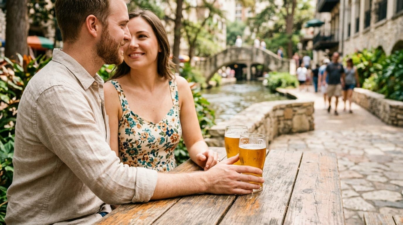 A couple sits at an outdoor table at the Riverwalk, fingers brushing near two craft beer glasses. Noon sunlight catches th...
