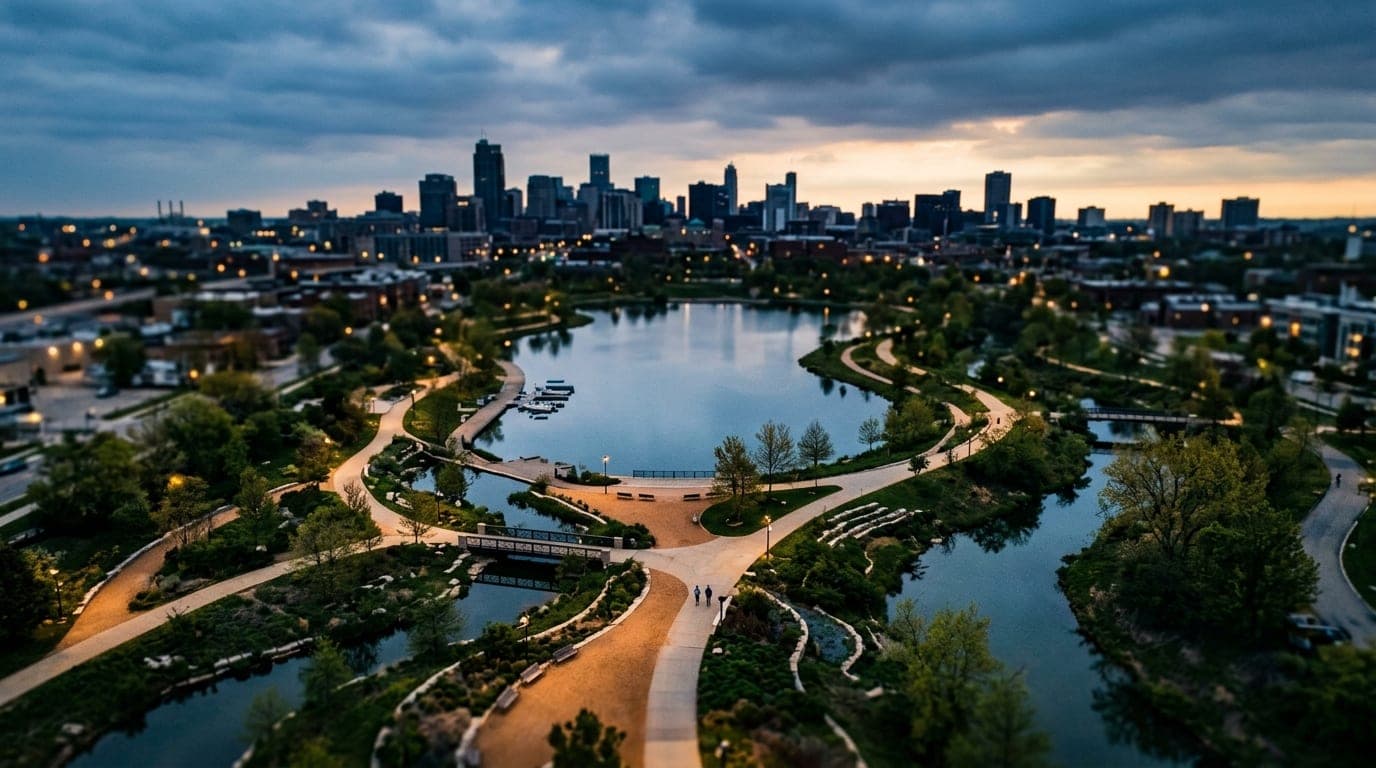 An overhead tilt-shift shot of the Park at River Walk at overcast dawn. Leading lines of walking paths draw the eye toward...