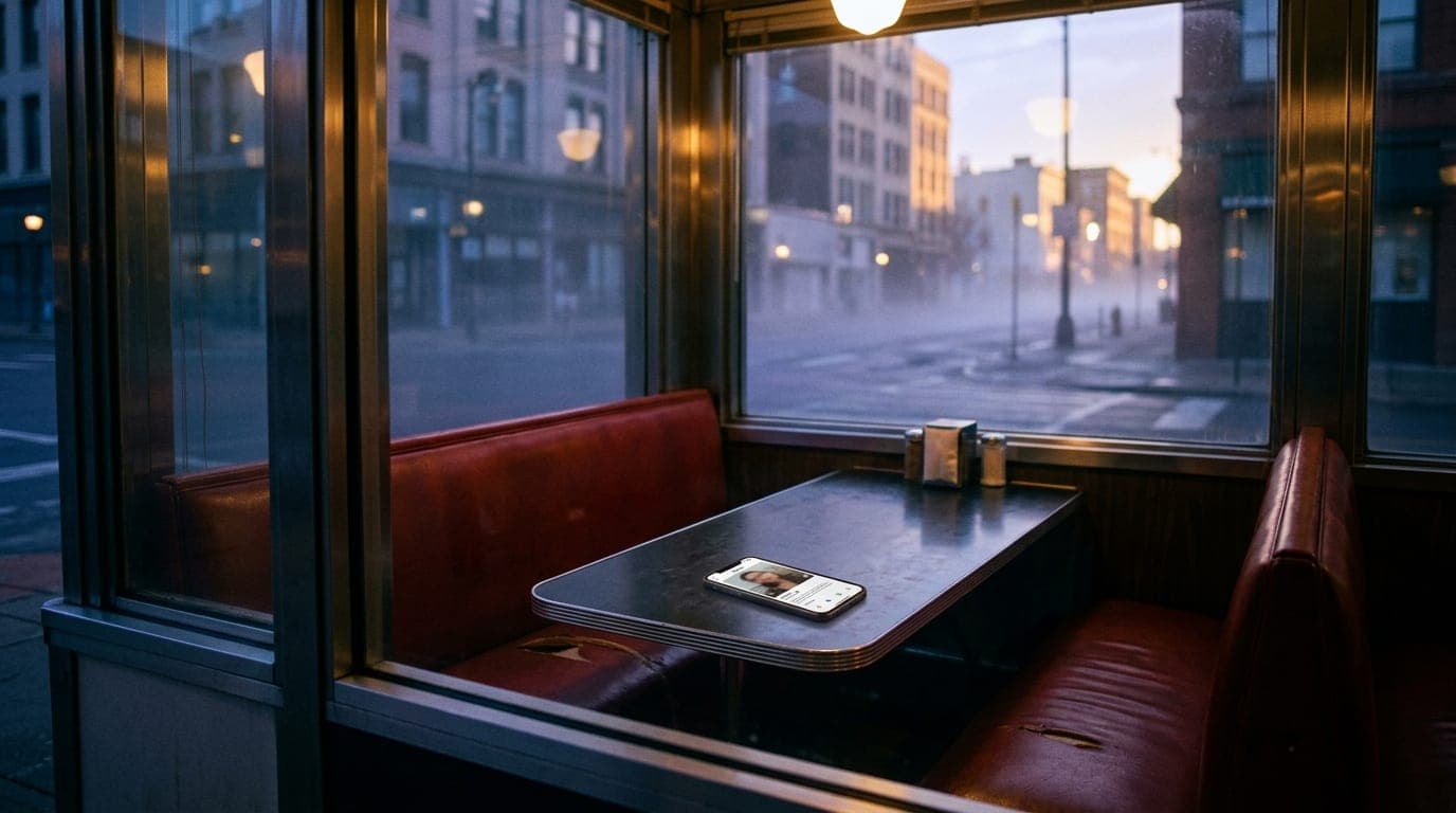 A wide, warm-toned establishing shot of a dimly lit diner booth at midnight. A single smartphone sits on the red vinyl tab...