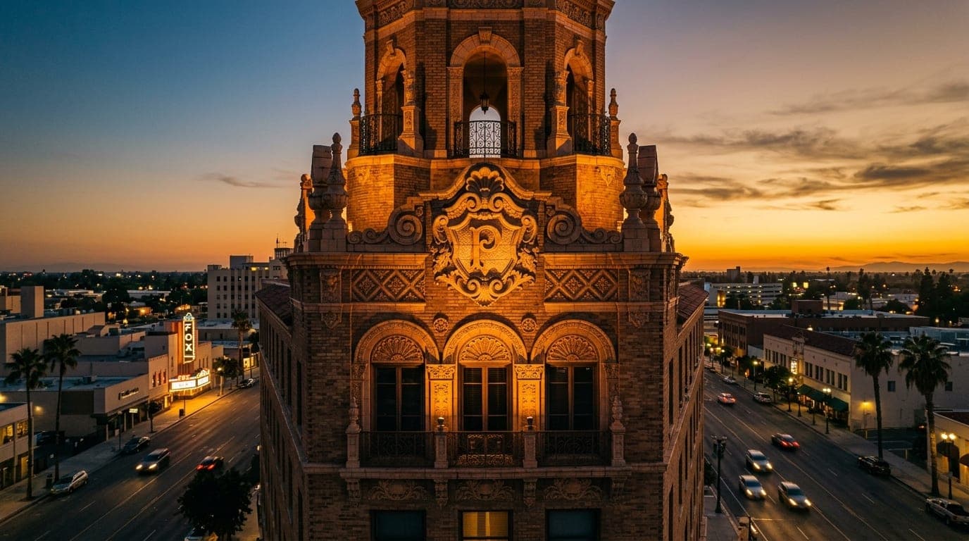 A 24mm wide-angle, centered shot of the ornate, glowing crest of The Padre Hotel’s exterior facade at dusk, capturing the...