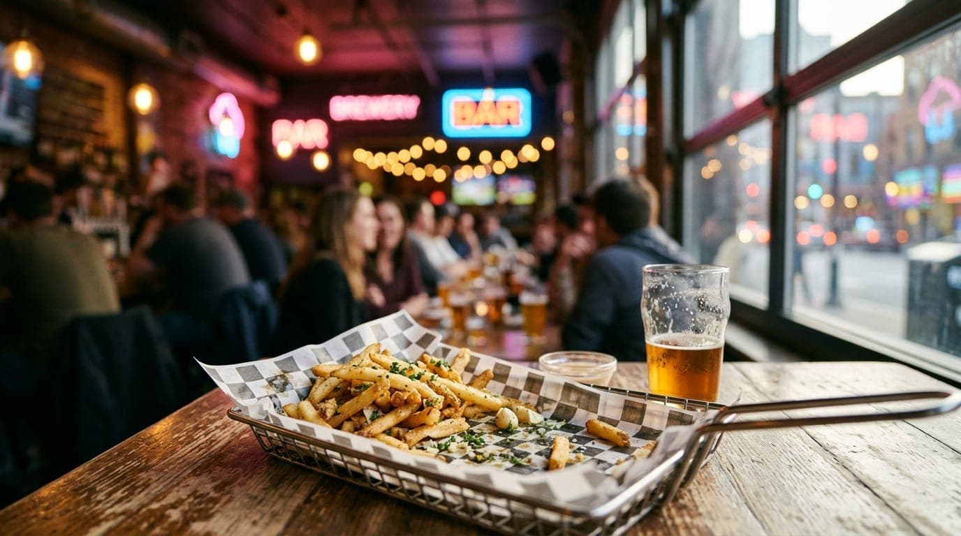 Noon natural light streams through a window, illuminating a half-eaten basket of garlic fries on a wooden table at a brewe...