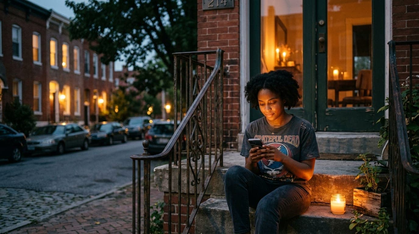 A woman in a vintage band tee sits on a wrought-iron Mt. Vernon stoop at dusk, bathed in warm amber candlelight. Her smart...