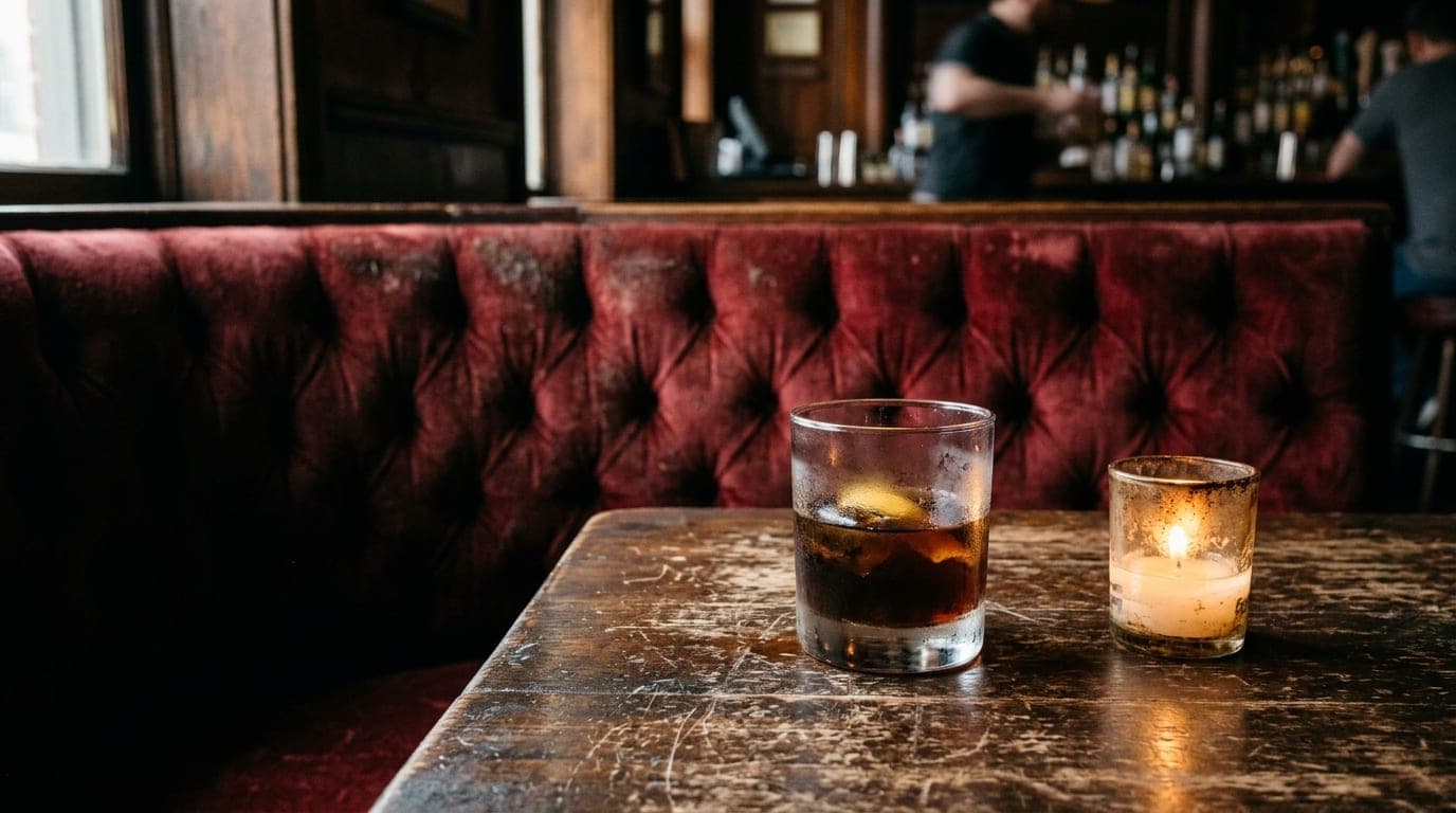 A 100mm macro shot captures a dimly lit, velvet-tufted booth inside a Remington speakeasy. A half-finished dark cocktail r...