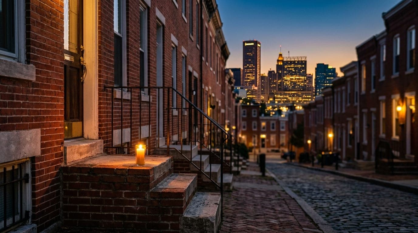 A medium, tilt-shift shot of a row of classic Baltimore brick stoops at dusk, illuminated by a warm, single flickering can...
