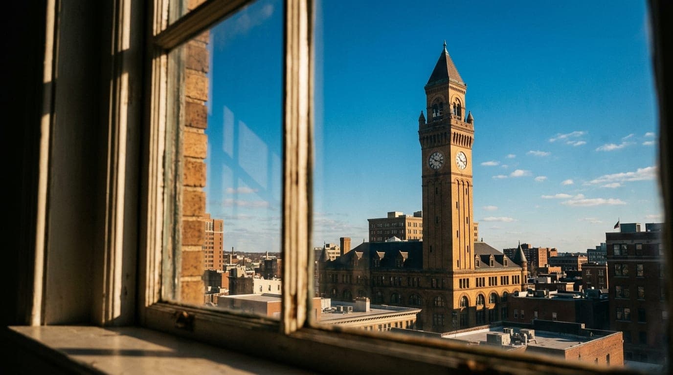 A close-up 35mm shot through a window at noon captures the iconic, illuminated Bromo Seltzer Arts Tower, offset right, sta...