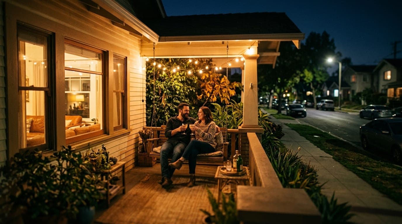 Wide establishing shot of a Mid City bungalow at night, tilt-shift focus on a couple sharing a cocktail on a porch swing,...