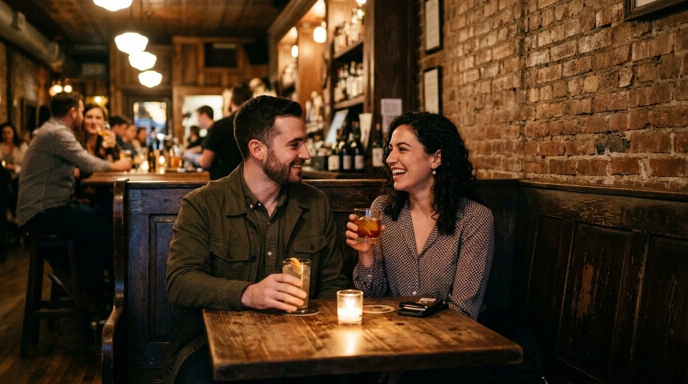 A medium shot, 35mm documentary style. A couple in casual evening wear shares a cocktail at a dark, candle-lit wooden boot...