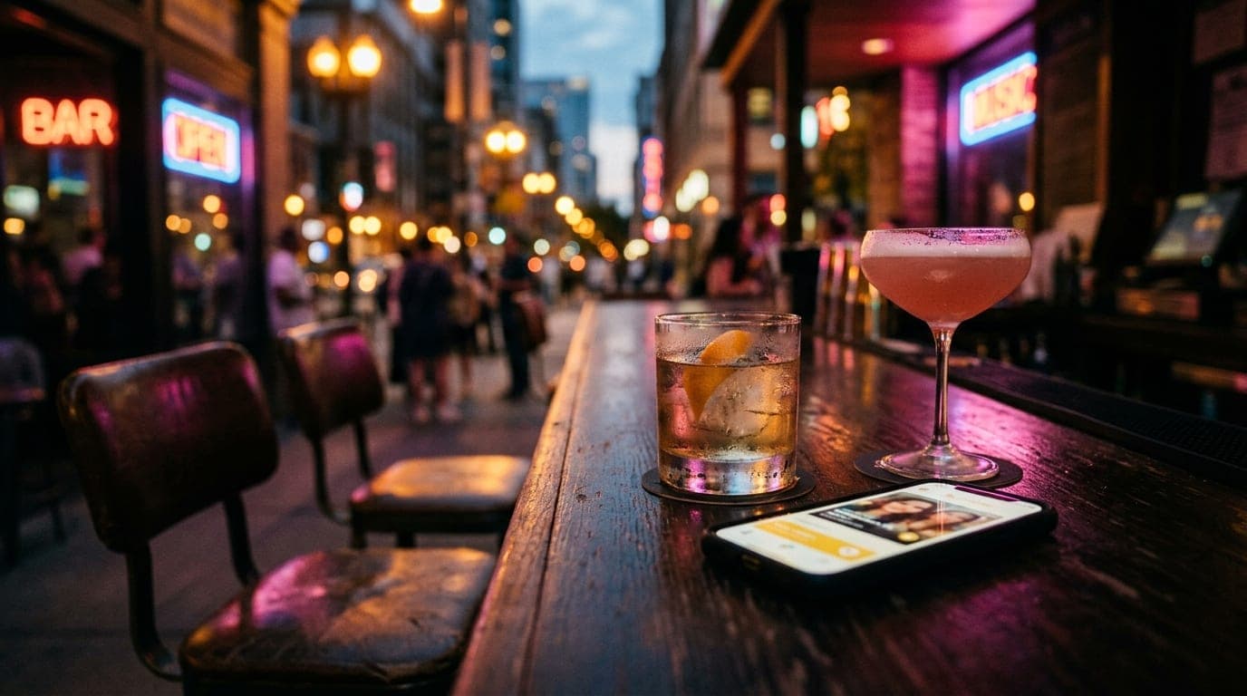 A tilt-shift, selective focus shot of two leather bar stools at Radio Bar. A smartphone displaying a Bumble match sits bes...