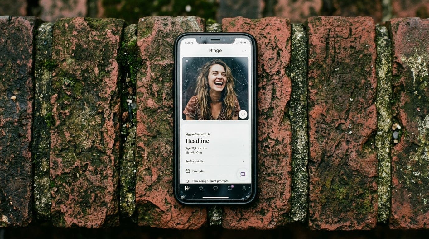 A 100mm macro shot of a smartphone screen displaying a Hinge profile, resting on a weathered, mossy brick stoop in Mid Cit...