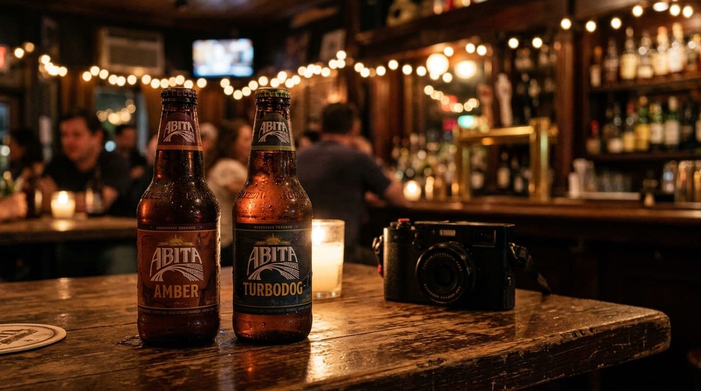 A medium shot of two condensation-streaked Abita bottles on a rustic Mid City bar table. A vintage digital camera sits bes...