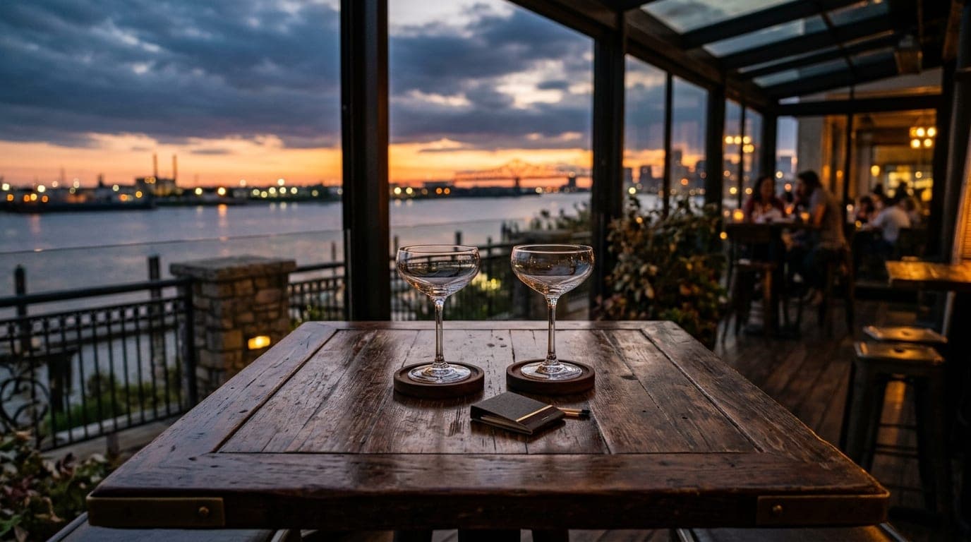 Centered 24mm wide-angle shot of a sleek outdoor table at Tsunami. Two empty cocktail glasses sit beside a single unlit ma...