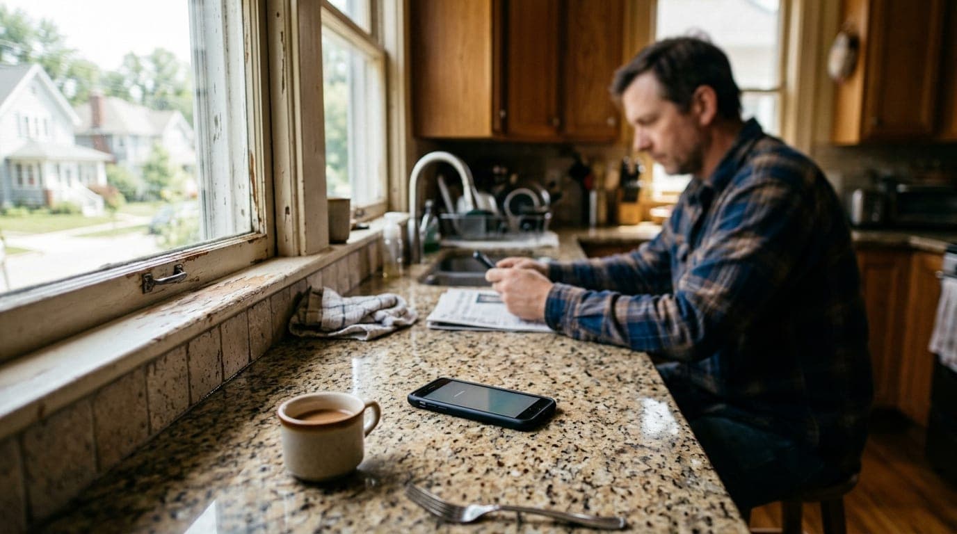 Noon sunlight filters through a kitchen window, illuminating a smartphone resting on a worn granite countertop in a West E...