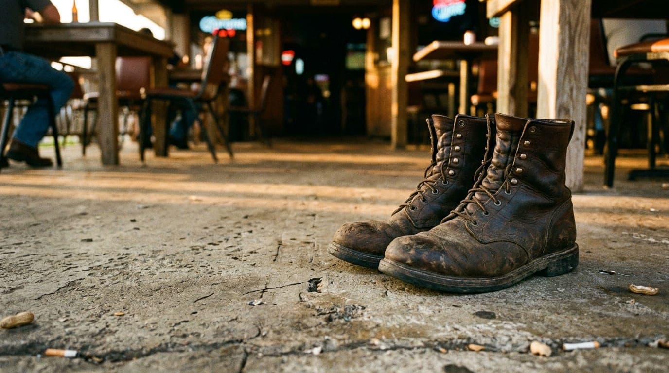 Golden hour light hits a pair of dark leather boots resting on the worn concrete floor of a dimly lit, open-air bar patio,...