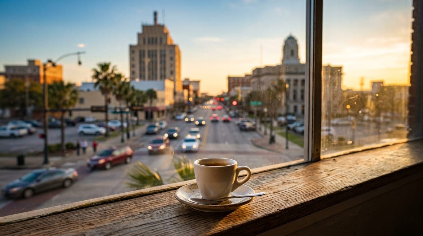 A tilt-shift close-up of a sun-drenched coffee shop window ledge overlooking downtown Beaumont. Natural noon light highlig...