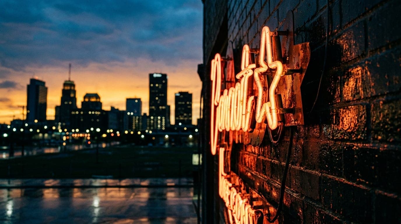 A macro, 35mm documentary shot of a weathered neon sign reflecting against a rain-slicked brick wall at dusk, positioned i...