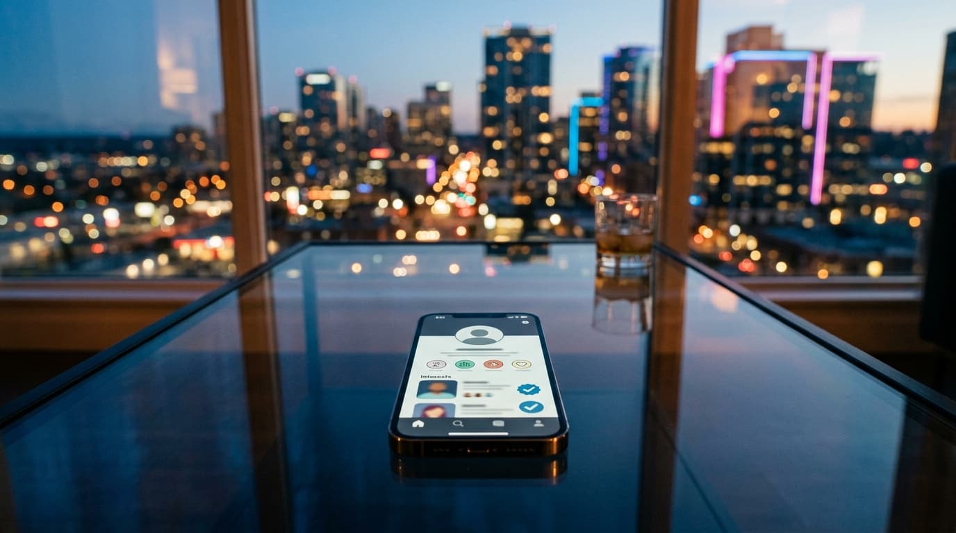 A sleek, high-end smartphone sits on a dark glass coffee table in a modern Bellevue penthouse, displaying a verified profi...