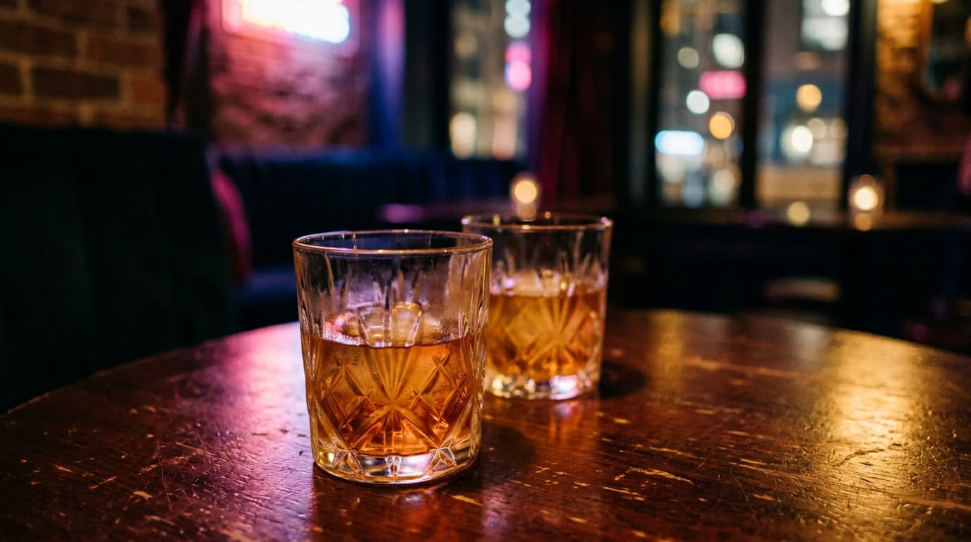 Extreme close-up, macro shot of two crystal tumblers resting on a polished dark mahogany table, blurred amber cocktail liq...