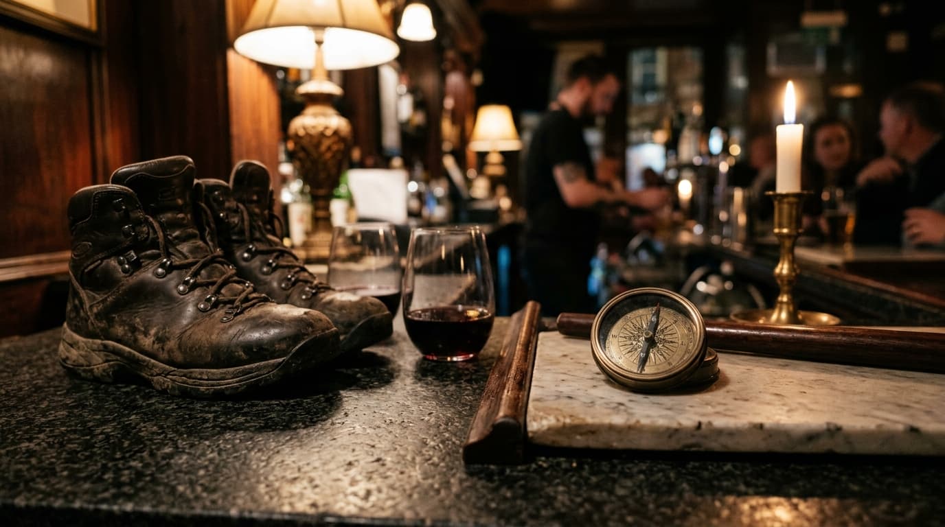 Low-angle shot of a granite bar top at midnight. A pair of hiking boots rests near two half-filled wine glasses, lead line...