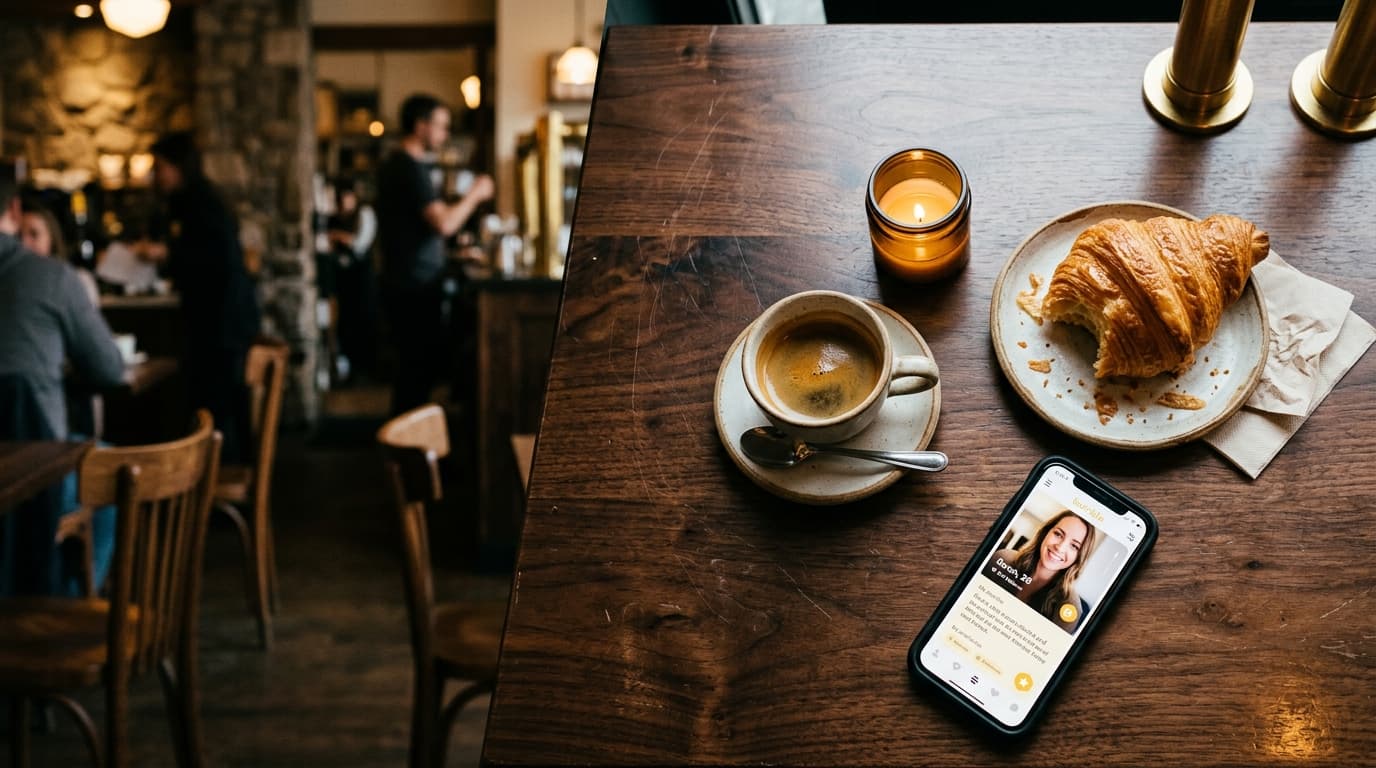 Overhead flat-lay, 35mm documentary style. On a dark wood table at an Old Bellevue cafe, a half-eaten croissant sits besid...