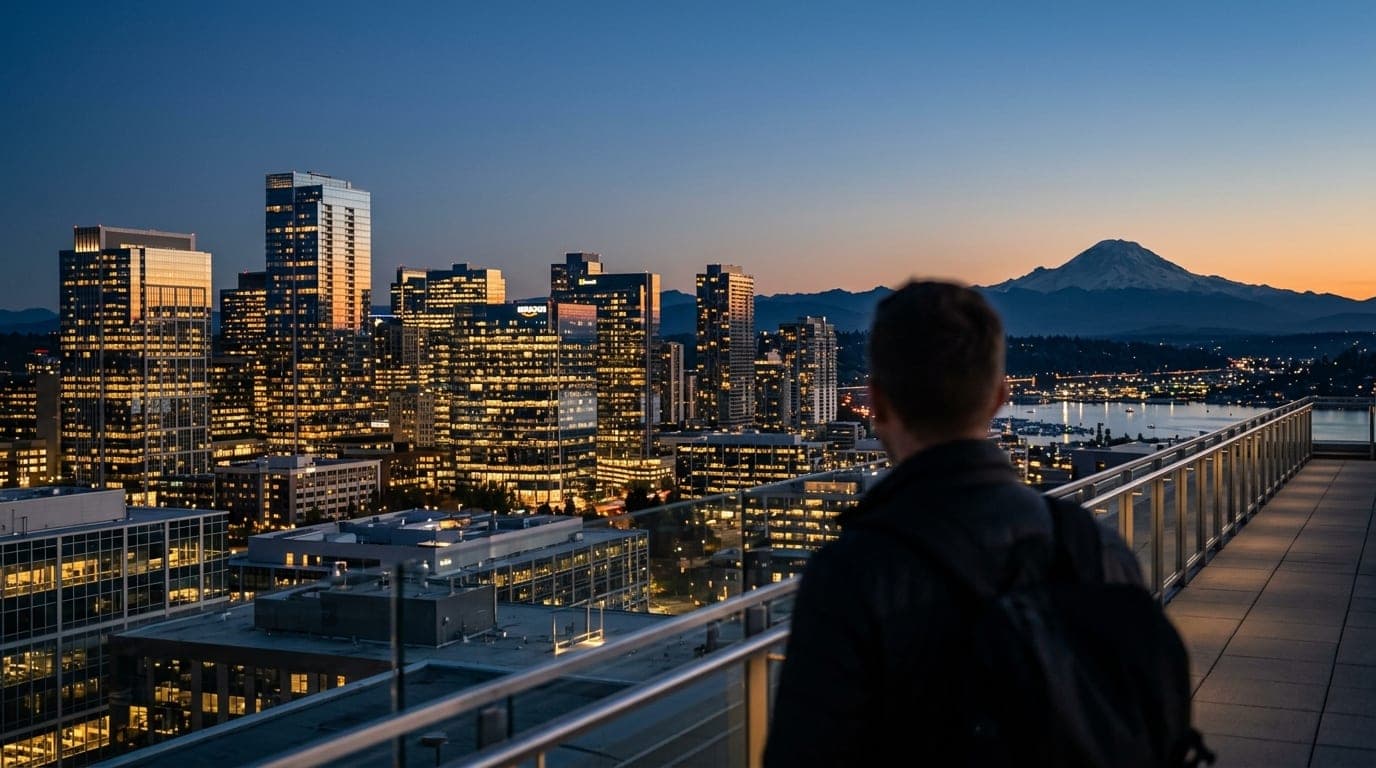 Centered, 24mm wide-angle view from a downtown rooftop looking out over the illuminated Bellevue skyline at blue hour, cap...