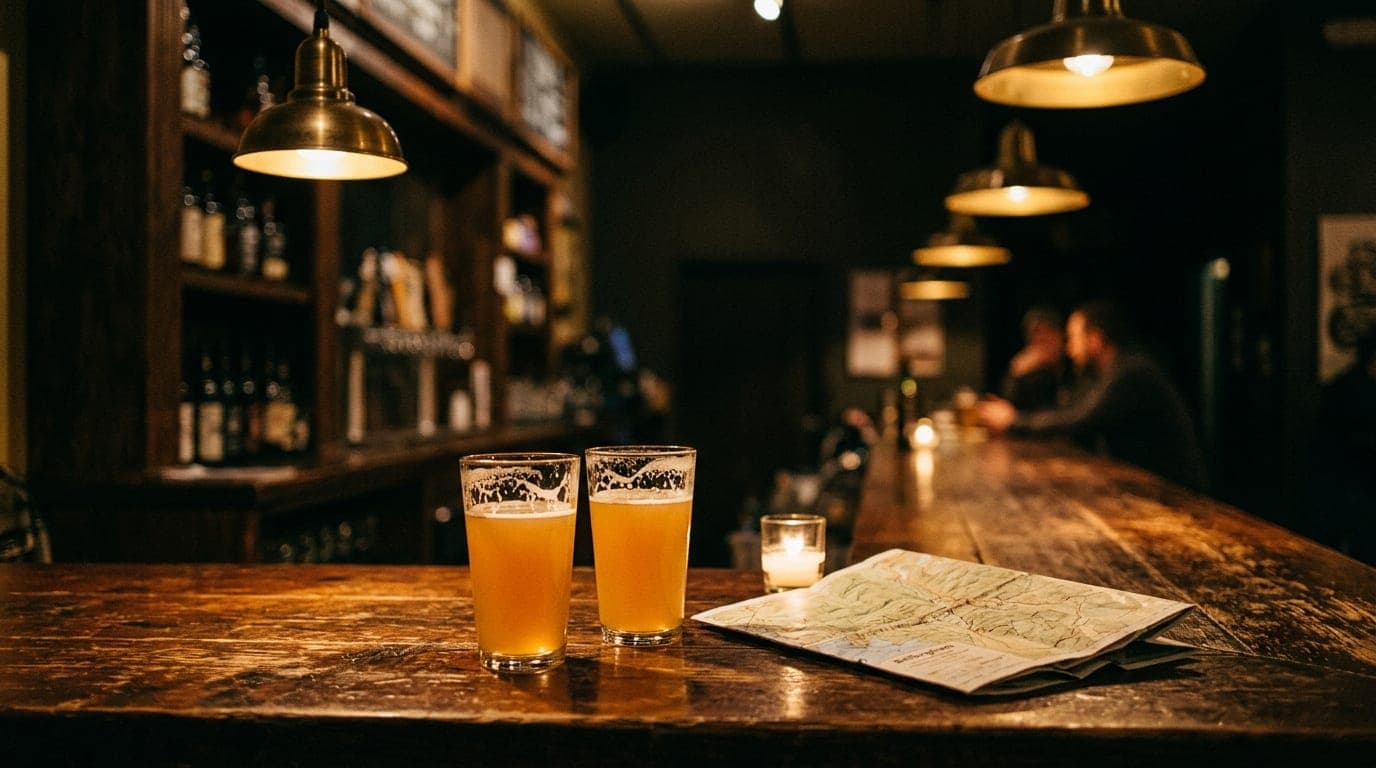 A worn wooden bar top at a dimly lit brewery, featuring two half-full pints of hazy IPA beside a folded topographical trai...