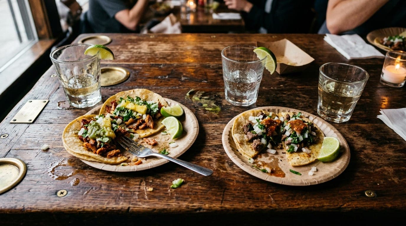Overhead flat-lay, 100mm macro shot of a worn wooden bar top at a taco joint. Two vibrant, half-eaten street tacos rest on...
