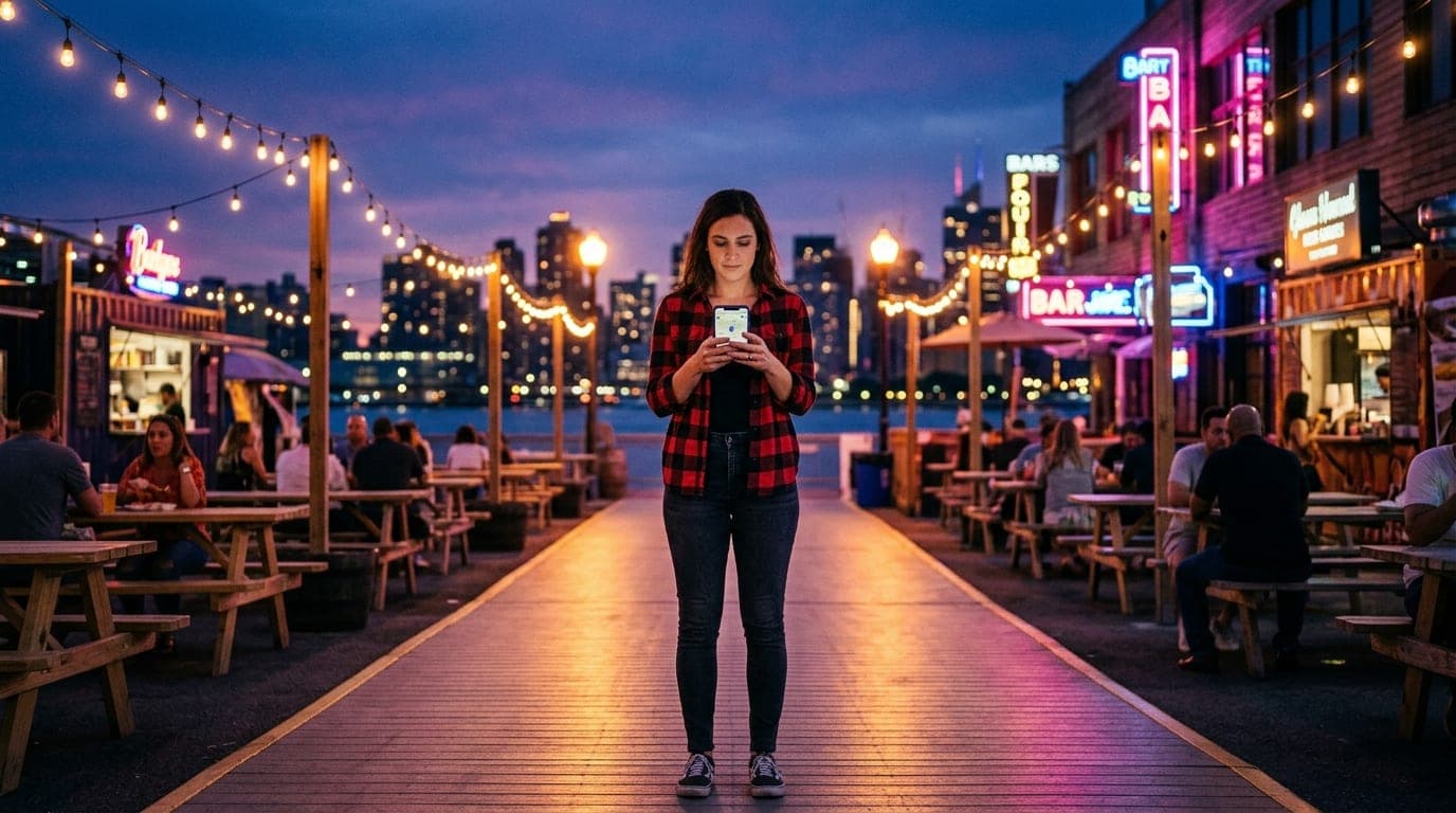 A low-angle, wide-angle shot of a woman in a plaid flannel shirt standing at a glowing waterfront beer garden. She holds a...