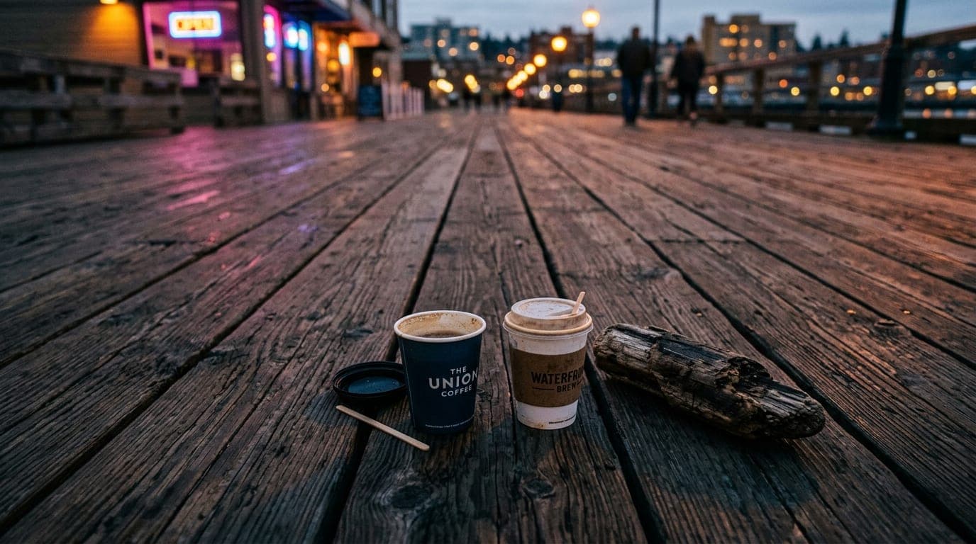 An overhead flat-lay of a wooden boardwalk plank at Boulevard Park, featuring two half-empty paper coffee cups and a stray...