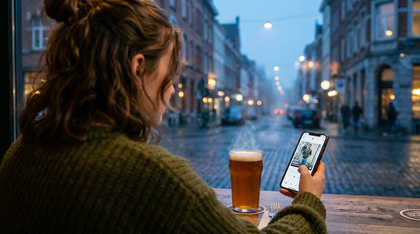Over-the-shoulder view of a woman’s smartphone open to Tinder, held toward a steaming pint of craft beer at a table in Str...