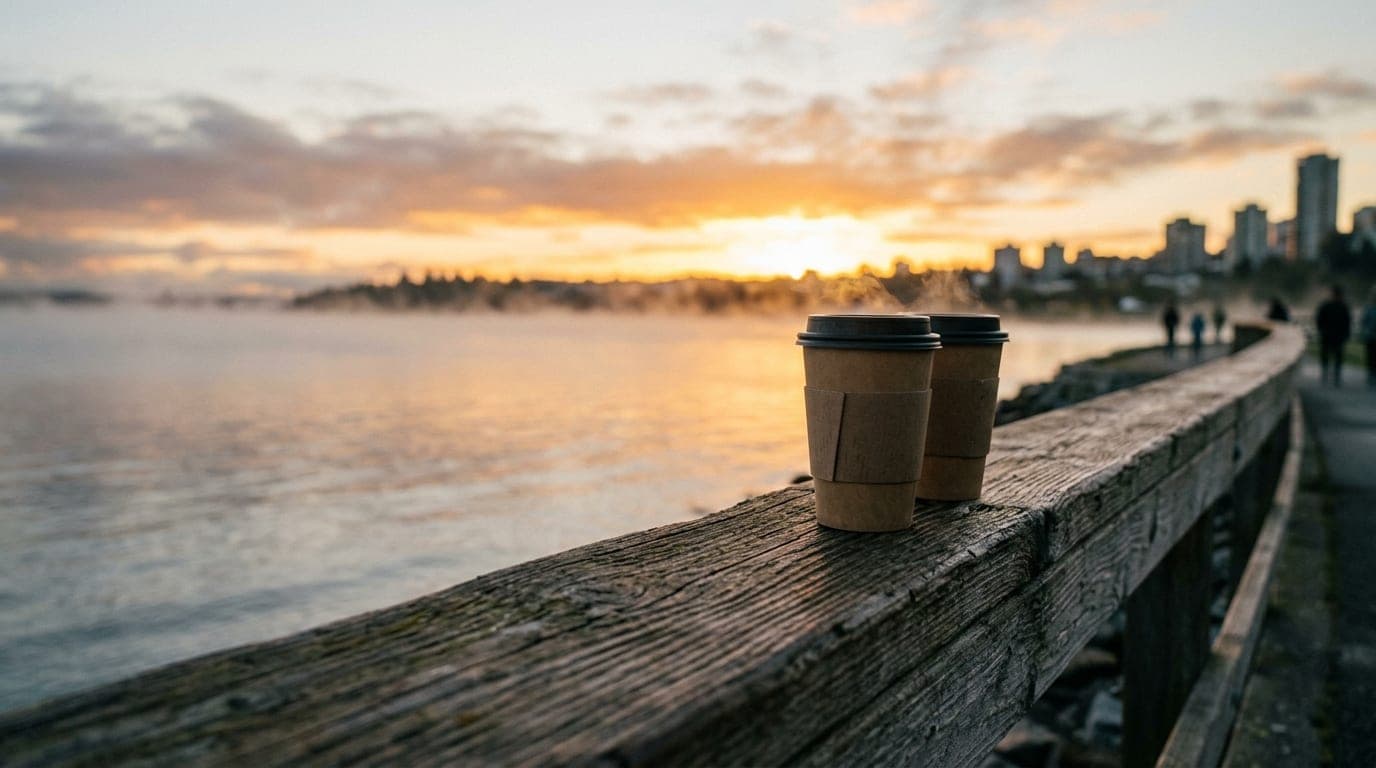 Low-angle hero shot, 35mm documentary: Two steaming cardboard coffee cups rest on a weathered wooden railing at Boulevard...