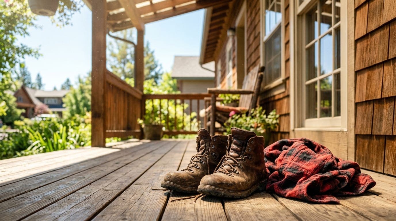 A pair of worn leather hiking boots and a flannel shirt rest on a sun-drenched wooden porch in a Bend neighborhood. Noon l...