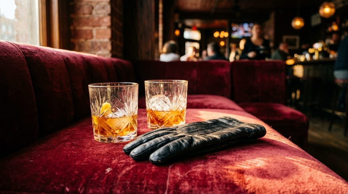 Golden hour light hits the velvet upholstery of a booth at San Simon in the Alley, where a discarded single black leather...