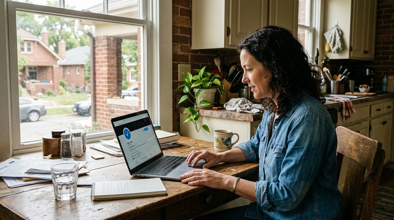 A sunlit, cluttered kitchen in a Billings brick bungalow. A woman in a denim shirt sits at a wooden table, laptop screen v...