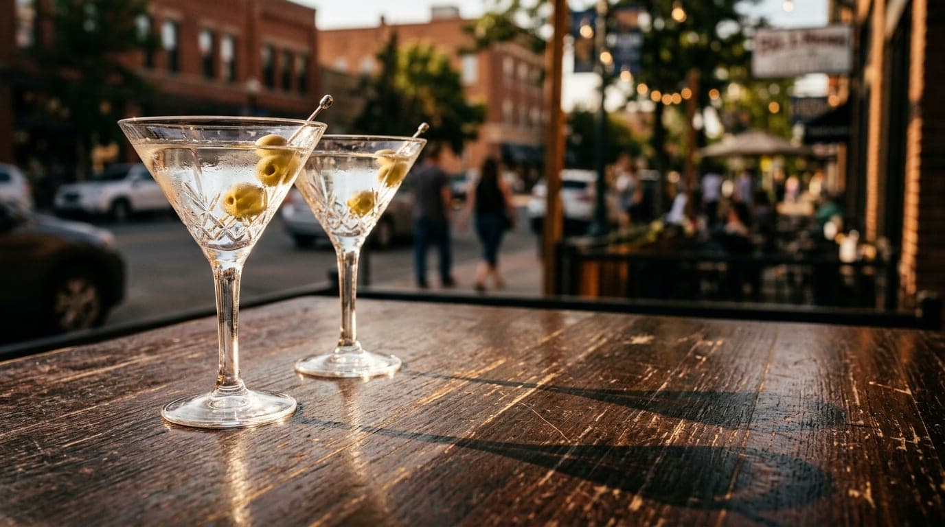 Extreme close-up macro, 85mm portrait, golden hour. Two crystal martini glasses cast long, sharp shadows on a dark, polish...