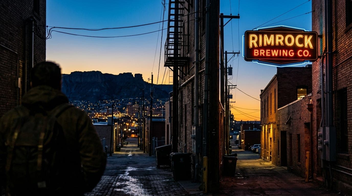 The neon sign of an iconic local brewery glows softly against the dark, sprawling silhouette of the Rimrocks at blue hour,...