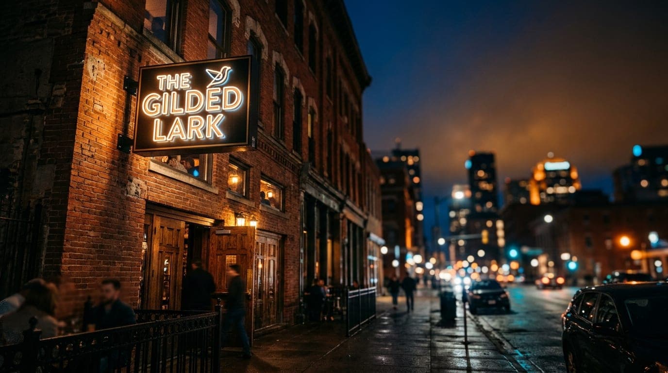 A low-angle shot of the glowing exterior sign of a downtown brick-facade cocktail bar at midnight. Shallow depth of field...