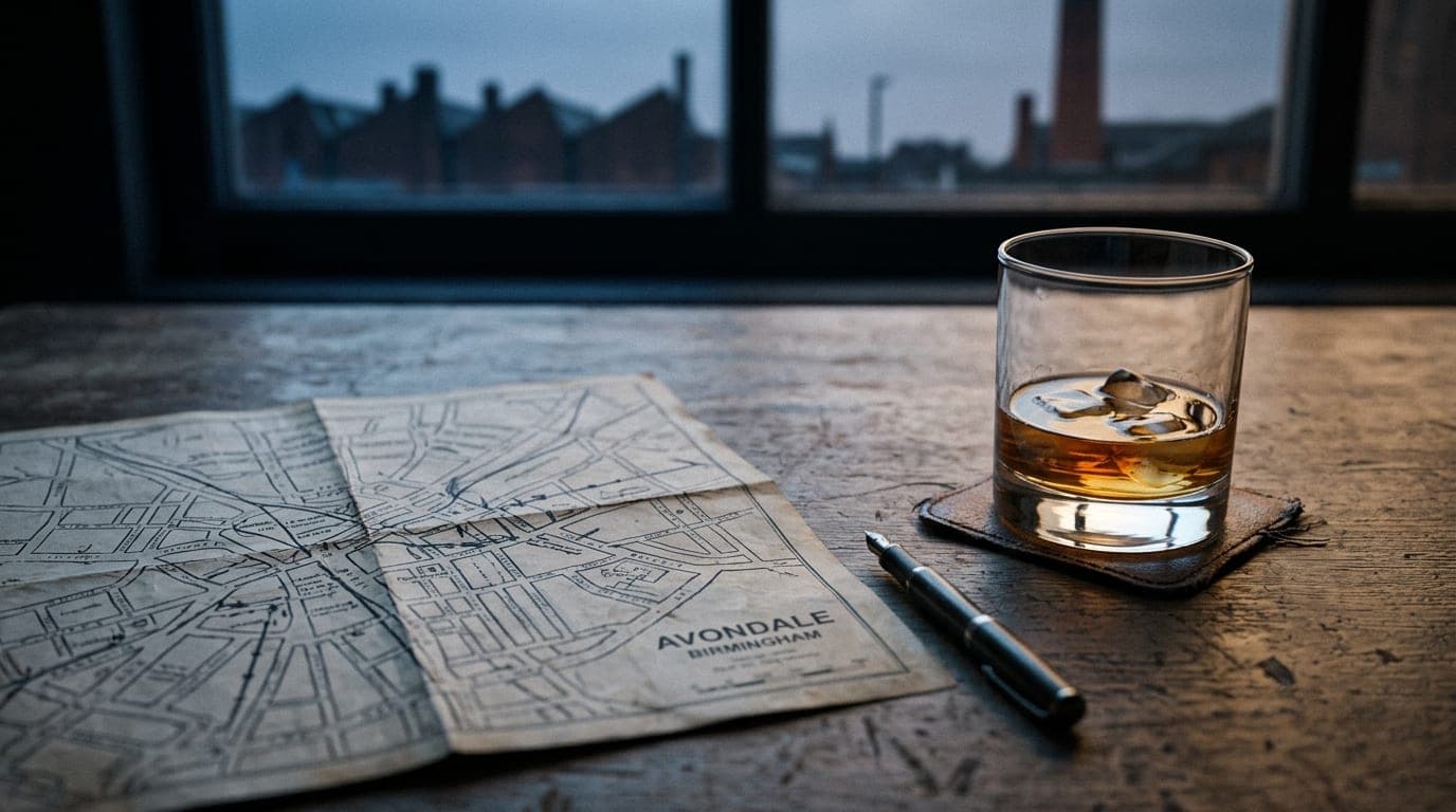An overhead flat-lay shot of an Avondale street map, offset right, beside a single half-empty glass of whiskey under overc...