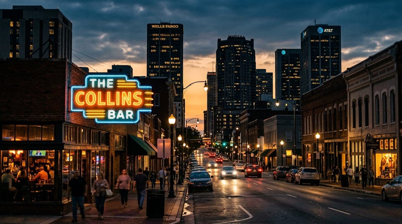 A wide shot of 2nd Avenue North at dusk, featuring the glowing neon sign of The Collins Bar offset left, blurred by an 85m...