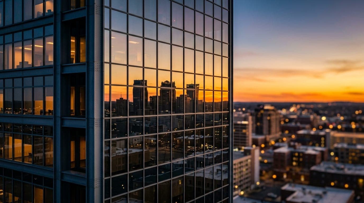 A high-angle 85mm close-up of the Regions Bank tower’s glass facade, capturing sharp geometric reflections of the Birmingh...